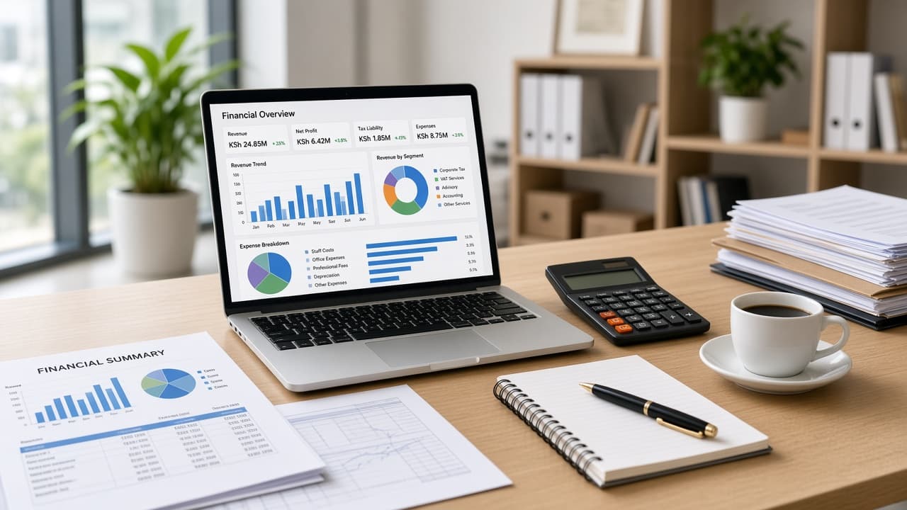 Accounting workspace with financial reports and calculator